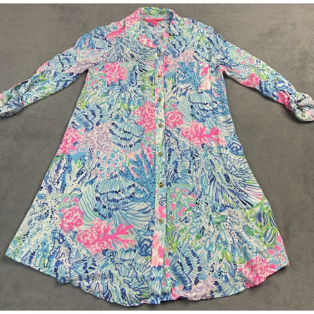 Lilly Pulitzer Dress Womens XXS Elsa Shirtdress Coastal Preppy Coastal Roll Tab
